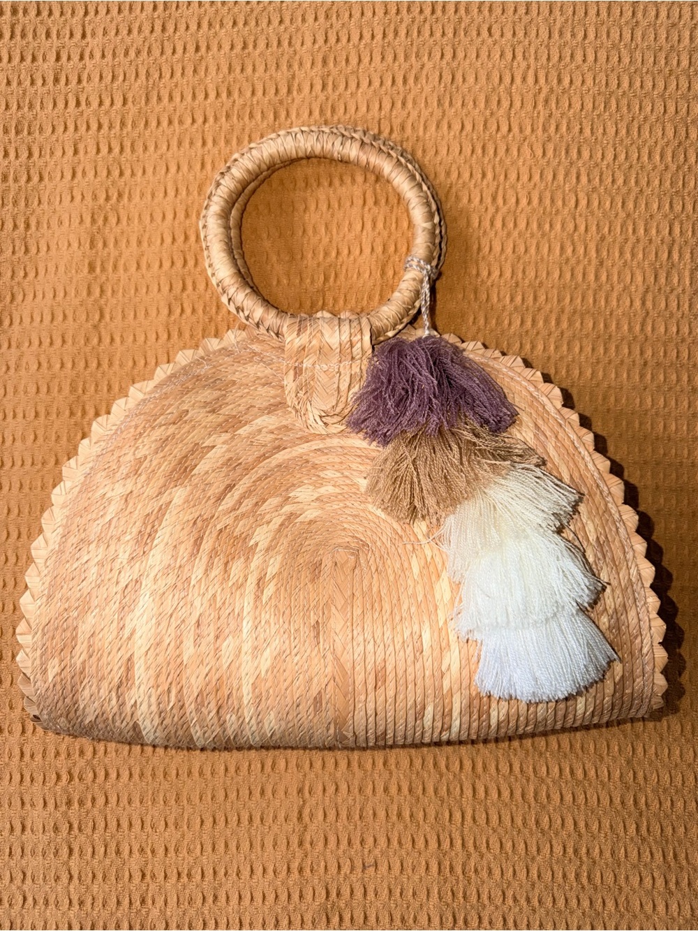 Woven Straw Circle-Handle Tote with Tassel Accent - Natural